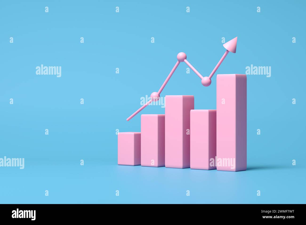 Aufsteigendes oder steigendes rosafarbenes Balkendiagramm oder Diagramm auf blauem Hintergrund. Preisschwankungen und Inflation. Steigende Preise. Geschäftswachstum und -Entwicklung. Stockfoto