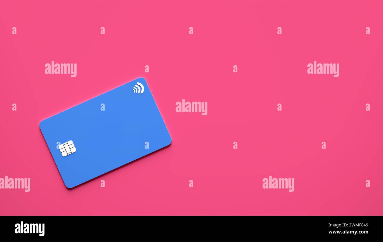 Blaue Plastikkreditkarte auf rosafarbenem Hintergrund mit Kopierraum. Business-, Bank- und Finanzkonzept. Draufsicht. 3D-Rendering. Stockfoto