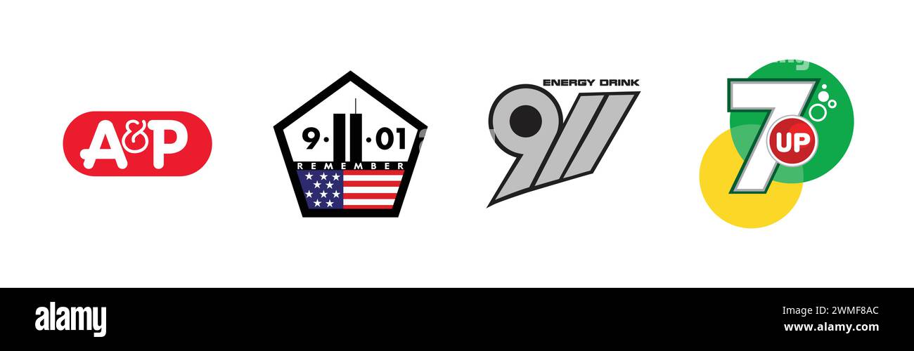 A & P, 911 Energy Drink, 9/11 Remember, 7up, beliebte Markenlogo-Kollektion Stock Vektor
