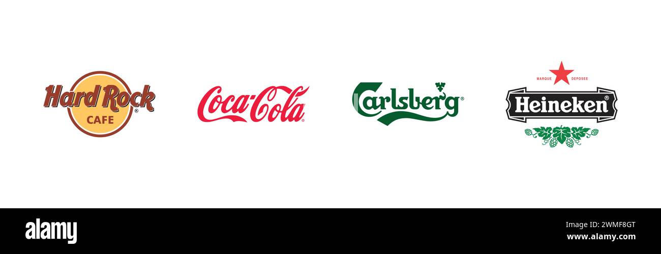 Carlsberg, Coca-Cola, Heineken, Hard Rock Café, beliebte Markenlogo-Kollektion Stock Vektor