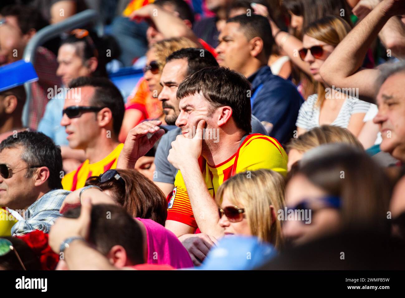 FANS, BARCELONA FC, 2015: Fans sind in die Action auf den Tribünen des Camp Nou vertieft. Das letzte Spiel der Saison 2014-15 in Spanien zwischen Barcelona FC und Deportivo de La Coruna im Camp Nou, Barcelona am 23. Mai 2015. Das Spiel endete mit 2:2. Barcelona feierte den Sieg des Meisterschaftstitels und das letzte Heimspiel von Legende Xavi. Deportiva bekam den Punkt, den sie brauchten, um Abstieg zu vermeiden. Foto: Rob Watkins Stockfoto