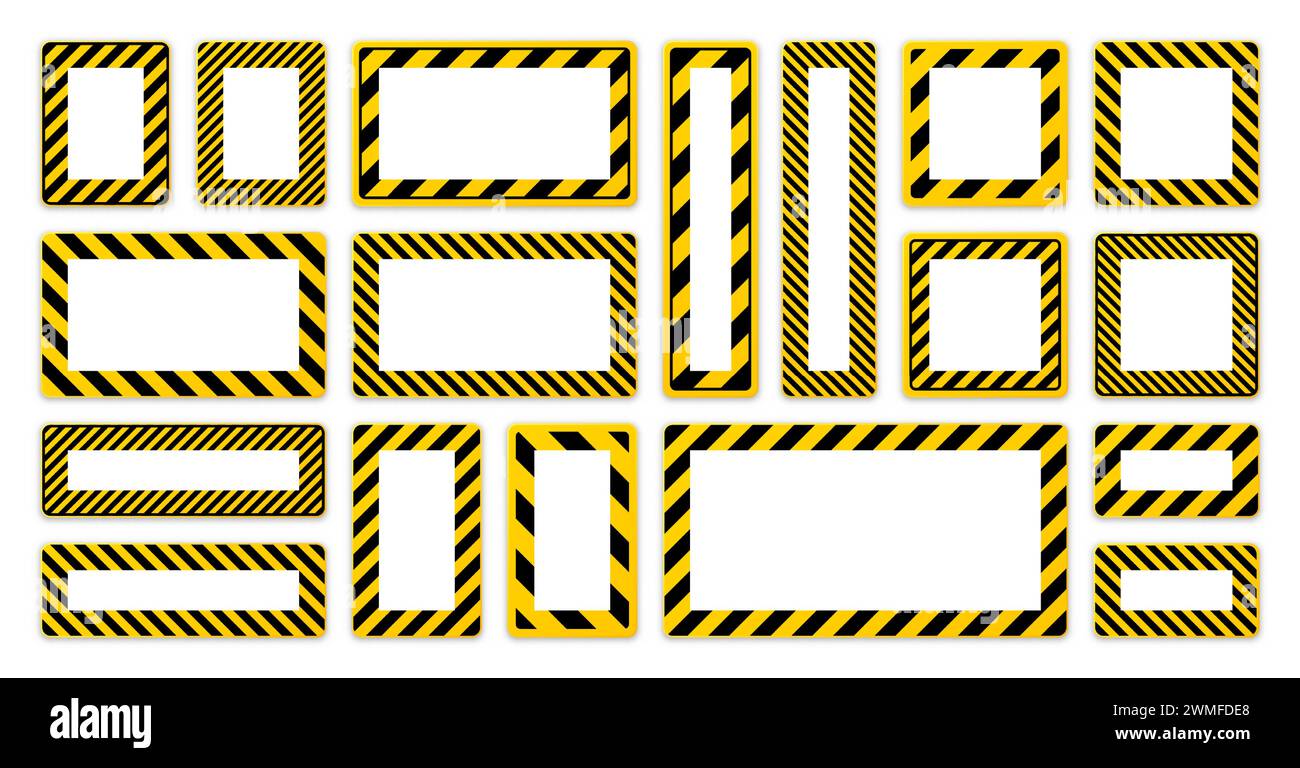 Verschiedene leere Warnschilder mit diagonalen Linien. Rotes Achtung-, Gefahr- oder Vorsichtshinweisschild, Baustellenbeschilderung. Realistisches Hinweisschild, Warnung Stock Vektor