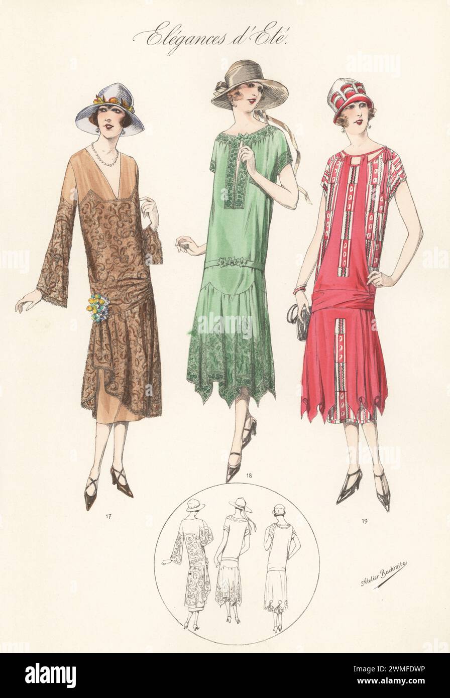 Drei Klappen in Strohhüten und Tunika-Kleidern. Braunes Krepaftas-Kleid mit Spitze-Tunika 17, grüner Georgette-Rock mit Spitzenrand 18 und Kleid aus unifarbenem und gestreiftem Seidenkrepp 19. Handkolorierte Lithographie von Atelier Bachwitz von Modell-Kleider fur den Hochsommer, Elegances d’Ete, Moden for the Hot Season, Atelier Bachwitz AG, Wien, 1925. Stockfoto