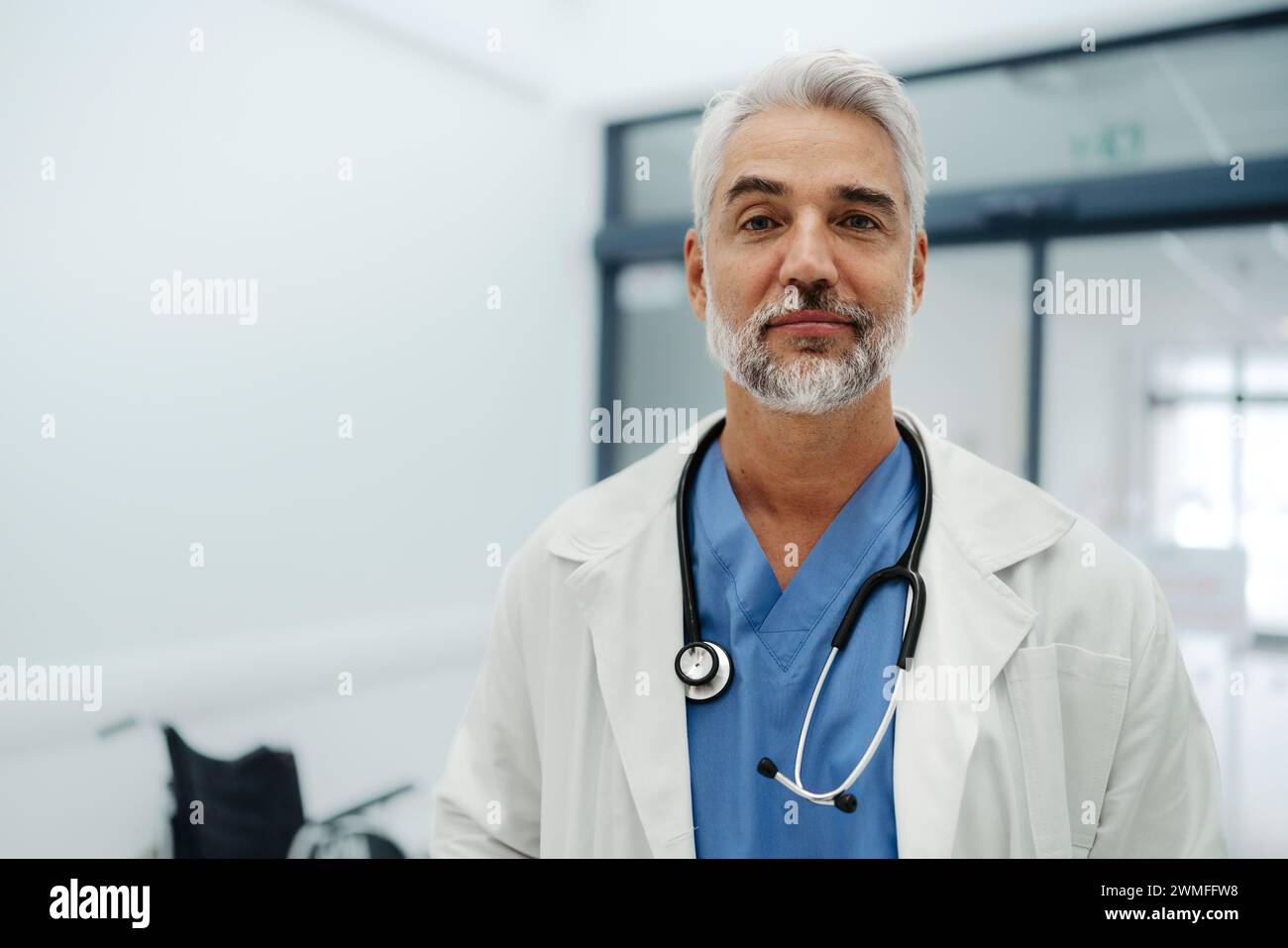 Porträt eines selbstbewussten reiferen Arztes, der im Krankenhauskorridor steht. Hübscher Arzt mit grauen Haaren, weißem Mantel, Peelings, Stethoskop um den Hals Stockfoto