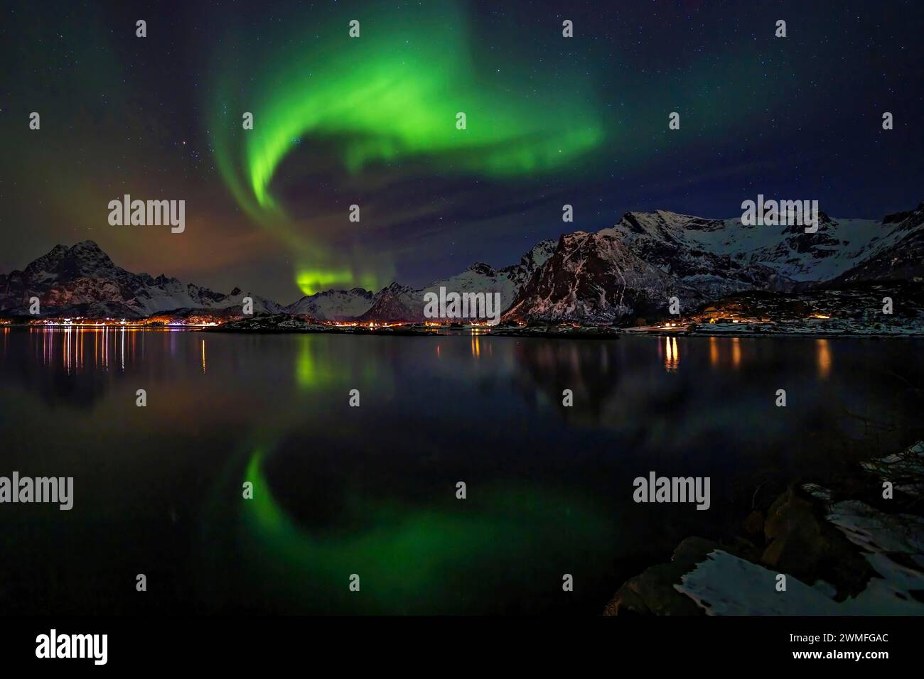 Polarlichter ueber einem winterlichen Fjord auf den Lofoten mit verschneiten Bergen und einer tollen Spiegelung im Wasser Stockfoto