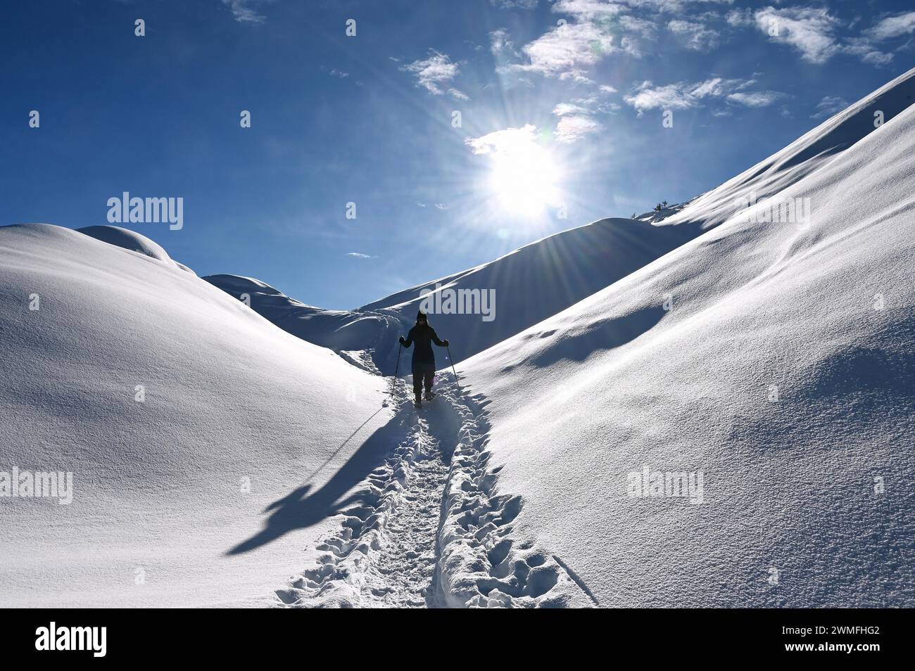 Schneeschuhwandern im Naturpark Beverin, Graubünden, Schweiz Stockfoto