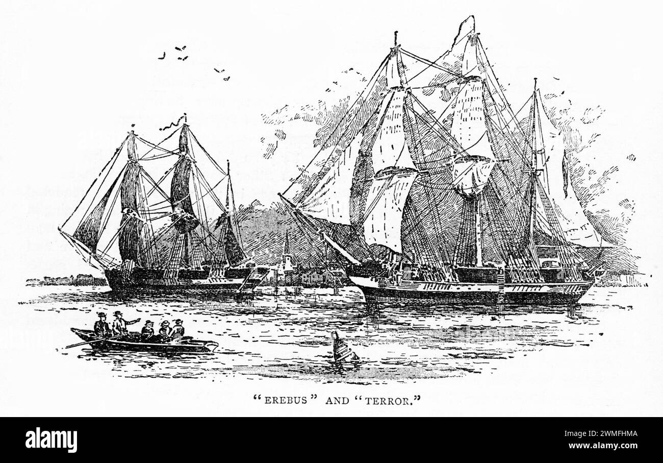 Die HMS Erebus (1826) war ein Bombenschiff mit 14 Kanonen, das 1826 gestartet wurde. Sie und die HMS Terror nahmen an James Clark Ross’ Expedition in die Antarktis von 1839 bis 1843 Teil. Die beiden Schiffe wurden 1844 auf Schraubenantrieb umgebaut und nahmen 1845 an der Expedition von Konteradmiral John Franklin in die Arktis Teil. 1848 ließen die Besatzungen sie zurück, nachdem sie in der Nähe von King William Island im Eis gefangen waren. Stockfoto