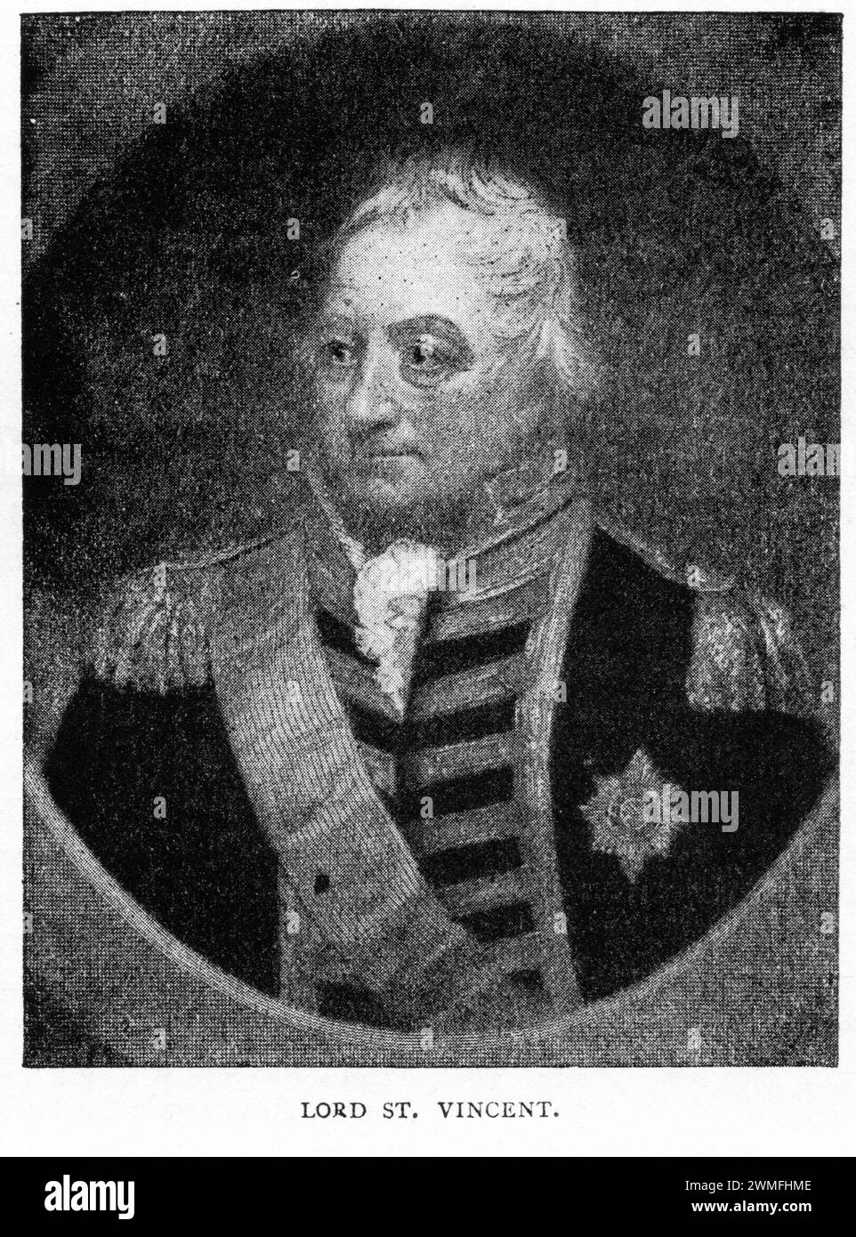 Porträt von Admiral of the Fleet John Jervis, 1. Earl of St Vincent (1735–1823), Admiral in der Royal Navy und Mitglied des britischen Parlaments. Jervis diente in der zweiten Hälfte des 18. Jahrhunderts bis ins 19. Jahrhundert und war aktiver Befehlshaber während des Siebenjährigen Krieges, des Amerikanischen Unabhängigkeitskrieges, des Französischen Unabhängigkeitskrieges und der Napoleonischen Kriege. Er ist vor allem für seinen Sieg bei der Schlacht von Kap Saint Vincent von 1797 bekannt, aus der er seine Titel erhielt, und als Schutzpatron von Horatio Nelson. Stockfoto