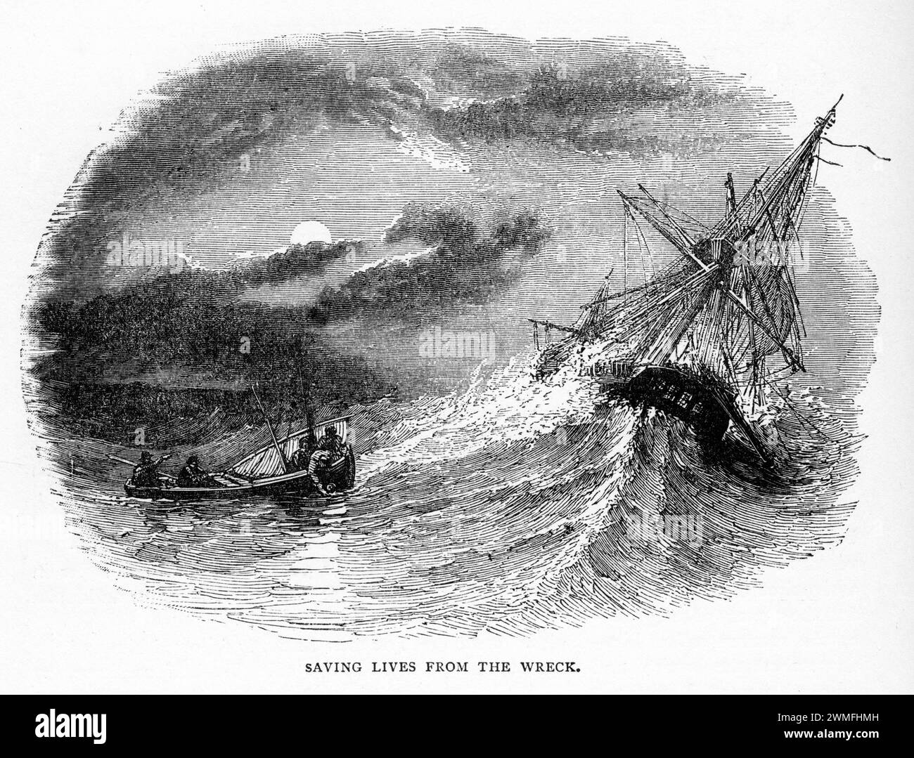 Gravur von Rettern, die versuchen, Leben vor einem Schiffbruch zu retten, um 1900 Stockfoto