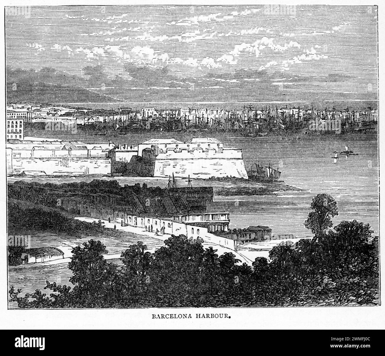 Kupferstich des Hafens von Barcelona, um 1880. Barcelona, eine Stadt an der Nordostküste Spaniens, ist die Hauptstadt und größte Stadt der autonomen Gemeinde Katalonien sowie die zweitbevölkerungsreichste Gemeinde Spaniens. Stockfoto