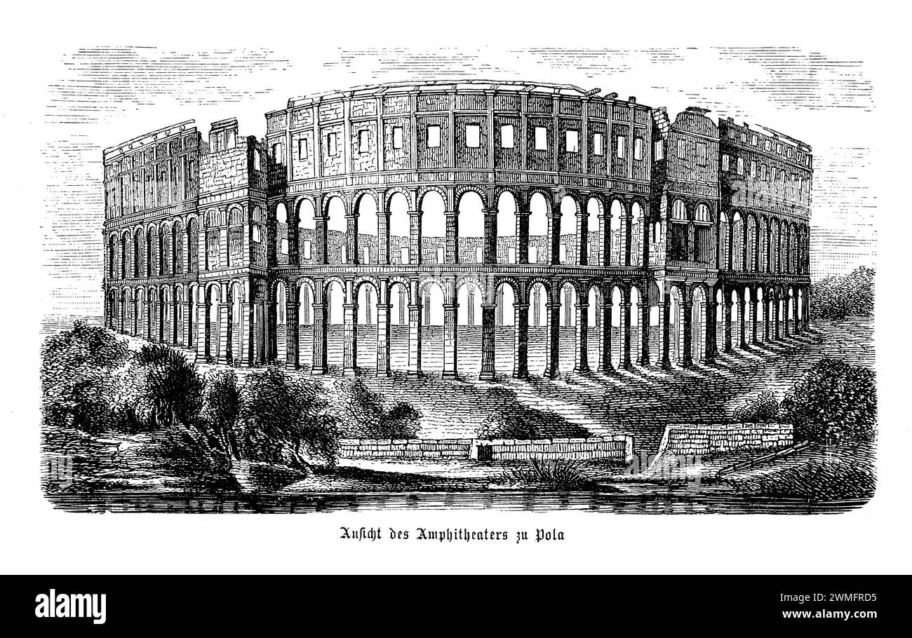 Die Pula Arena in Pula, Kroatien, gehört zu den größten und am besten erhaltenen römischen Amphitheatern der Welt. Dieses kolossale Gebäude aus dem 1. Jahrhundert n. Chr. zeigt das große Ausmaß und architektonische Können des Römischen Reiches. Mit ihrer elliptischen Form, den hohen Bögen und der robusten Steinkonstruktion wurde die Arena für Gladiatorenwettbewerbe und öffentliche Spektakel konzipiert und zog eine Menge von bis zu 20.000 Zuschauern an. Heute steht es als monumentales Relikt der antiken Technik und bietet einen lebendigen Einblick in die Unterhaltung und sozialen Praktiken der römischen Zeit Stockfoto Die Pula Arena in Pula, Kroatien, gehört zu den größten und am besten erhaltenen römischen Amphitheatern der Welt. Dieses kolossale Gebäude aus dem 1. Jahrhundert n. Chr. zeigt das große Ausmaß und architektonische Können des Römischen Reiches. Mit ihrer elliptischen Form, den hohen Bögen und der robusten Steinkonstruktion wurde die Arena für Gladiatorenwettbewerbe und öffentliche Spektakel konzipiert und zog eine Menge von bis zu 20.000 Zuschauern an. Heute steht es als monumentales Relikt der antiken Technik und bietet einen lebendigen Einblick in die Unterhaltung und sozialen Praktiken der römischen Zeit Stockfoto