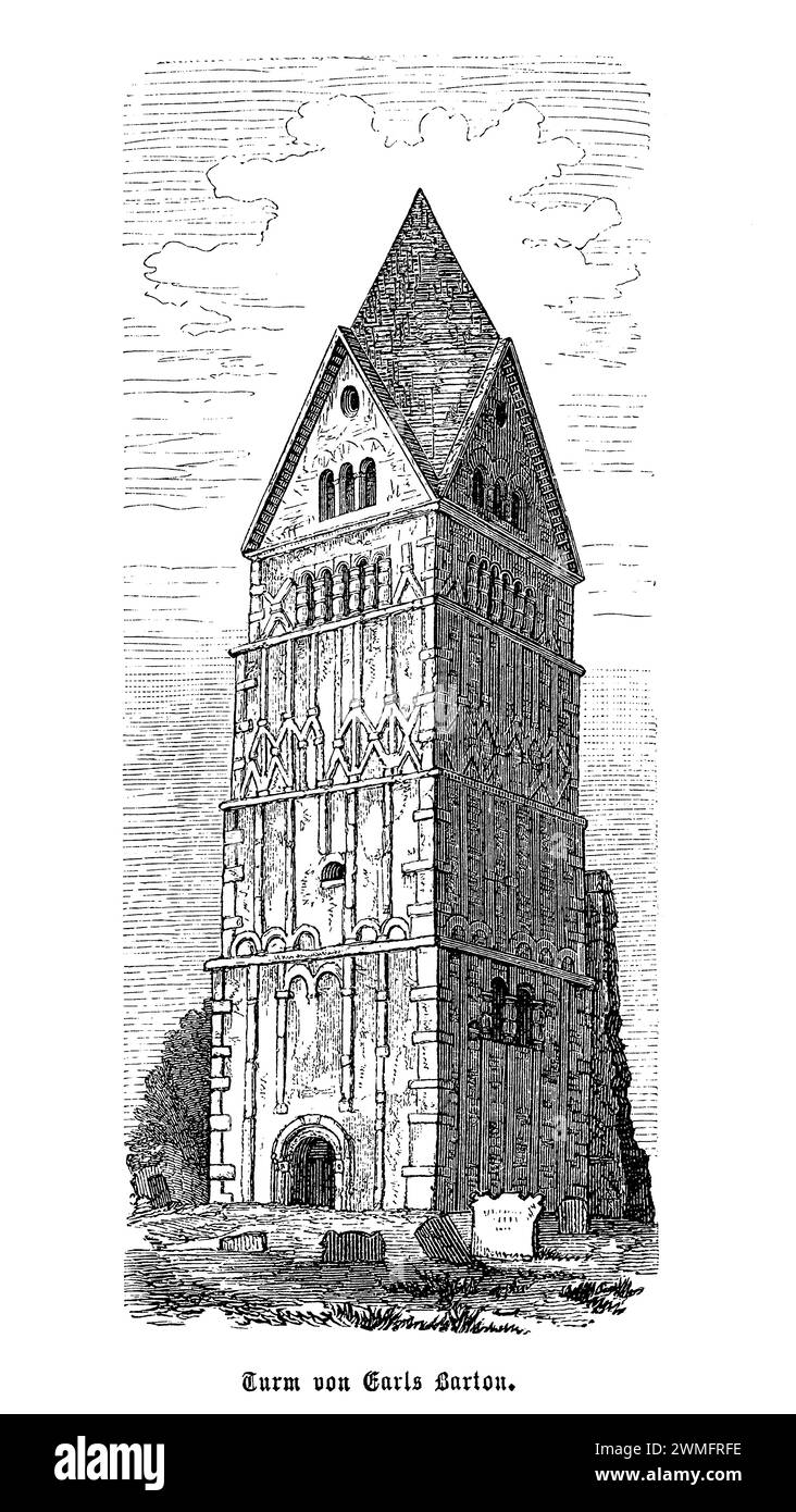 Die Tower of Earls Barton Church in Northamptonshire England ist ein bemerkenswertes Beispiel für angelsächsische Architektur und gilt als bedeutendes historisches und architektonisches Denkmal. Dieser Turm stammt aus dem 10. Jahrhundert und ist Teil der größeren Struktur der Earls Barton Church in Northamptonshire. Es zeichnet sich durch sein langes und kurzes Mauerwerk, die charakteristischen angelsächsischen Fenster mit ihren schmalen, tief gespreizten Öffnungen und die dekorative Verwendung von Pilastern und Glockenöffnungen aus, die zu seiner einzigartigen Ästhetik beitragen. Die robuste und imposante Präsenz des Turms spricht für den architektonischen Einfallsreichtum Stockfoto