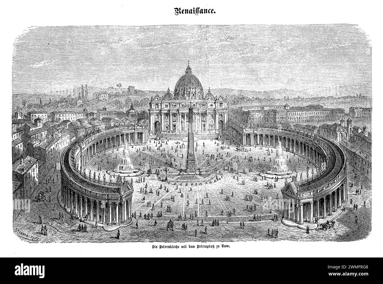 St. Petersplatz und St. Der Petersdom im Vatikan ist eine der berühmtesten und spirituell bedeutendsten Stätten der christlichen Welt. Der Platz mit seiner großen elliptischen Form wird von zwei kolossalen Kolonnaden eingerahmt, die von Gian Lorenzo Bernini entworfen wurden und eine umhüllende, armartige Struktur bilden, die Pilger und Besucher aus der ganzen Welt willkommen heißt. In der Mitte des Platzes steht ein altägyptischer Obelisken, eine symbolische Verbindung zur frühchristlichen Kirche und ihrer langen Geschichte Stockfoto