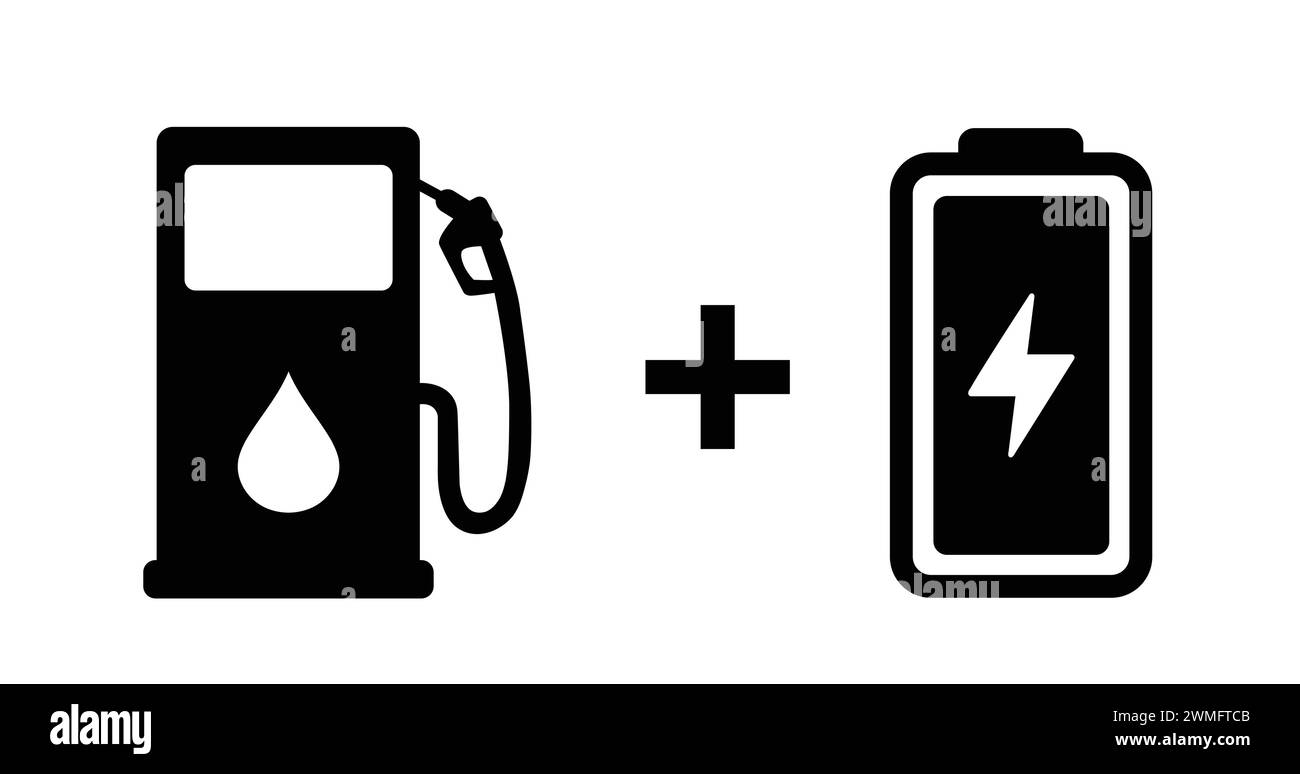 Symbol Für Hybridfahrzeuge. Plug-in-Hybrid-Elektrofahrzeug. PHEV-Fahrzeugsymbol. Elektrischer Energie- Und Kraftstoffmotor. Schild Für Tankstelle Und Elektrisches Auto-Ladegerät. Vektor Stock Vektor