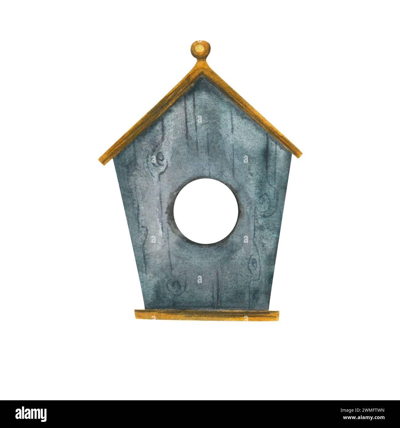 Aquarellillustration eines Vogelhauses aus blauem Holz. Handgezeichnet, isoliert auf weißem Hintergrund Stockfoto