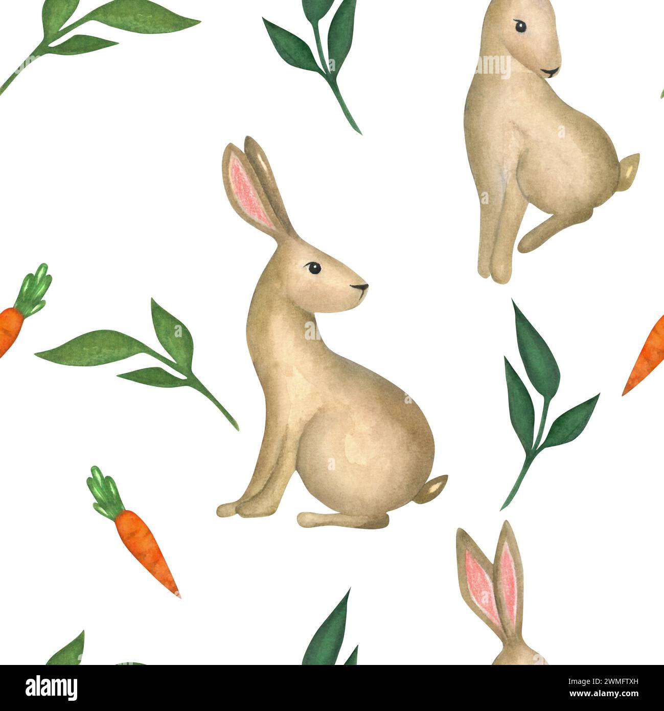 Aquarellillustration von Kaninchen und Karotten nahtloses Muster auf weißem Hintergrund. Hand gezeichnet Stockfoto