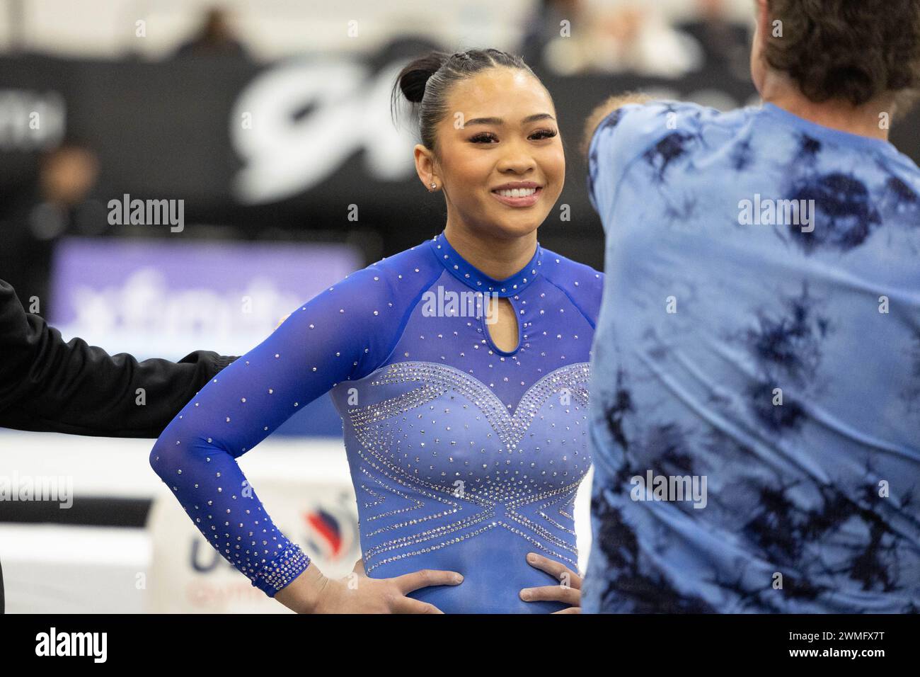 24. Februar 2024: Olympiasiegerin Suni Lee mit Coach Jess Graba beim Wintercup 2024. Die Veranstaltung findet im Kentucky International Convention Center in Louisville, Kentucky, statt. Melissa J. Perenson/CSM (Bild: © Melissa J. Perenson/Cal Sport Media) Stockfoto