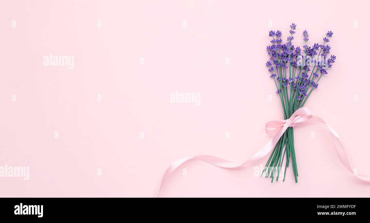 Romantische Grußkarte mit Blumenstrauß aus Lavendelblüten auf cremefarbenem Papier. Vorlage mit leerem Platz für Text. Modell, Layout. Blumenrahmen Ba Stockfoto