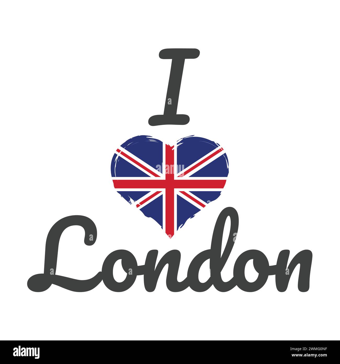 Ich liebe London mit dem Slogan der britischen Flagge. Design für T-Shirt-Vektorbeschriftung. Stock Vektor