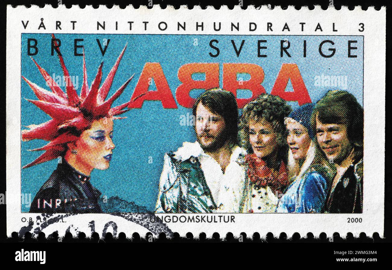 Berühmte Popgruppe Abba auf schwedischer Briefmarke Stockfoto