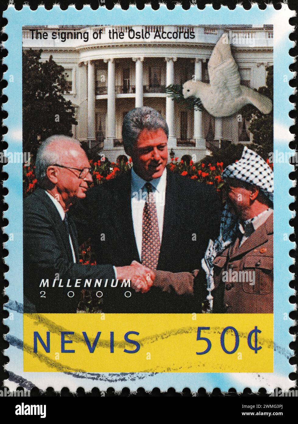 Unterzeichnung der Oslo-Vereinbarungen zwischen Rabin und Arafat auf Briefmarken Stockfoto