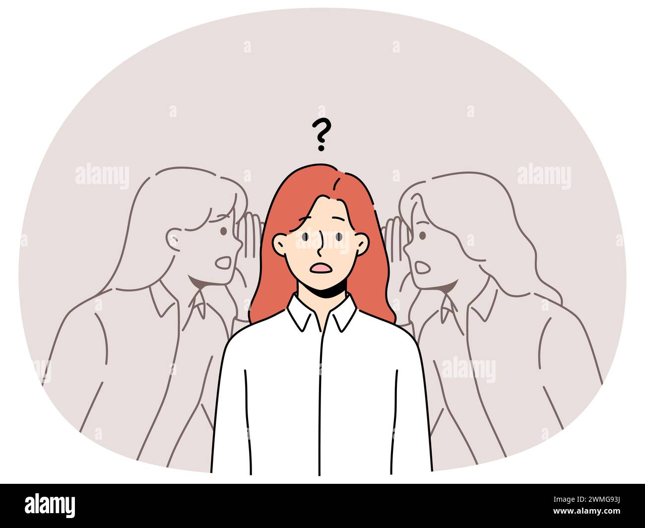 Verwirrte Frau hört auf innere Stimme. Frustrierte Frau hört andere Persönlichkeiten Zweifel an der Entscheidungsfindung. Vektordarstellung. Stock Vektor