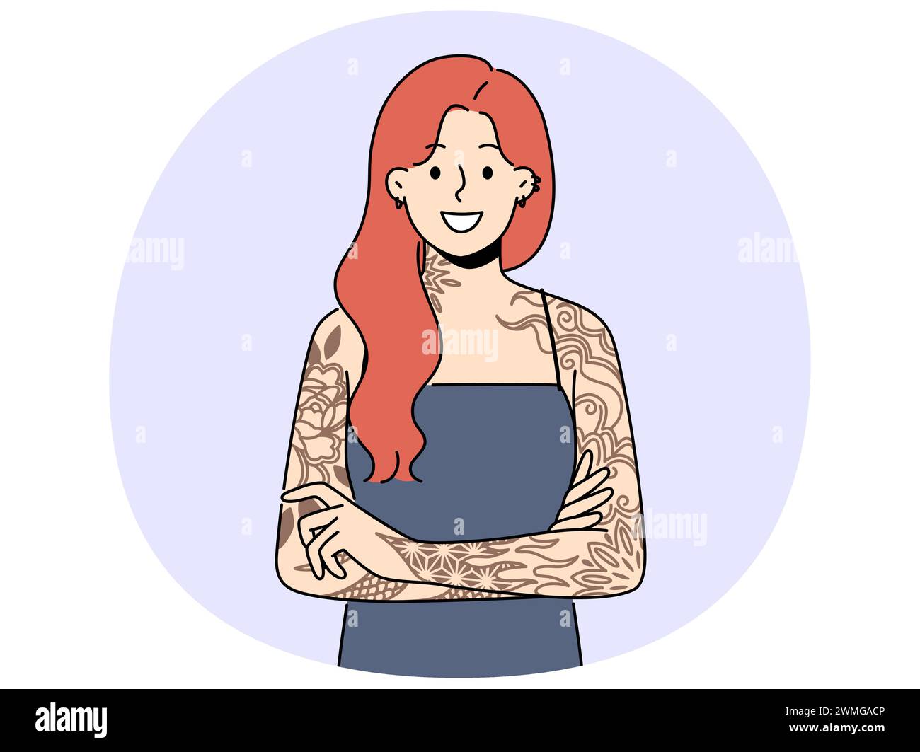 Lächelnde rothaarige Frau mit Tattoos auf den Armen. Eine glückliche Frau mit tätowierten Händen drückt Persönlichkeit aus. Subkultur und Selbstdarstellung. Vektordarstellung. Stock Vektor
