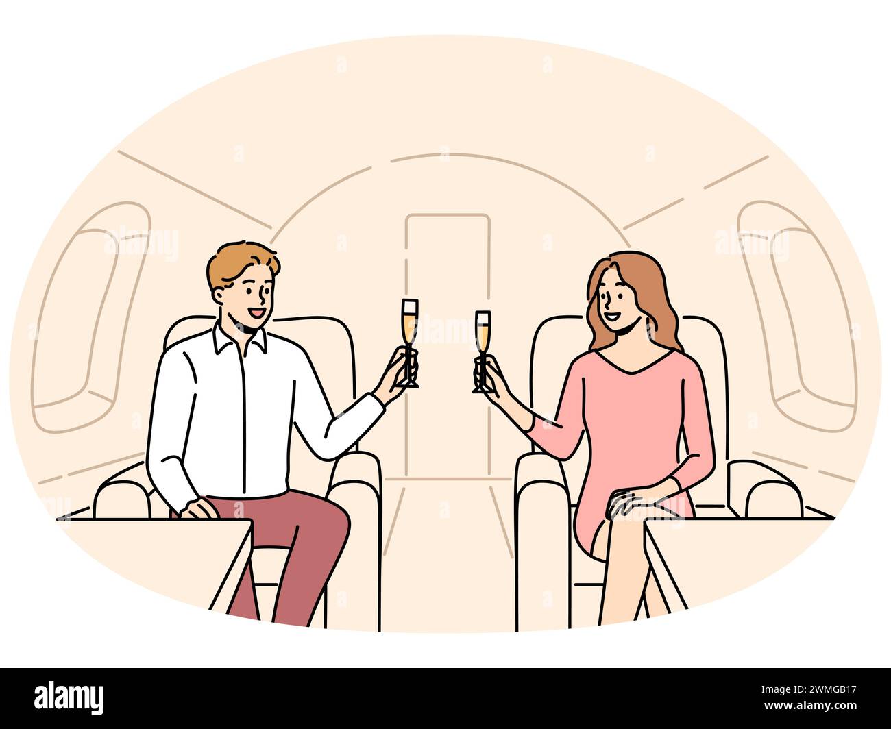 Ein glückliches Paar jubelt mit Champagner im Privatjet. Lächelnde erfolgreiche Männer und Frauen trinken im Flugzeug. Reich und Wellness. Vektordarstellung. Stock Vektor