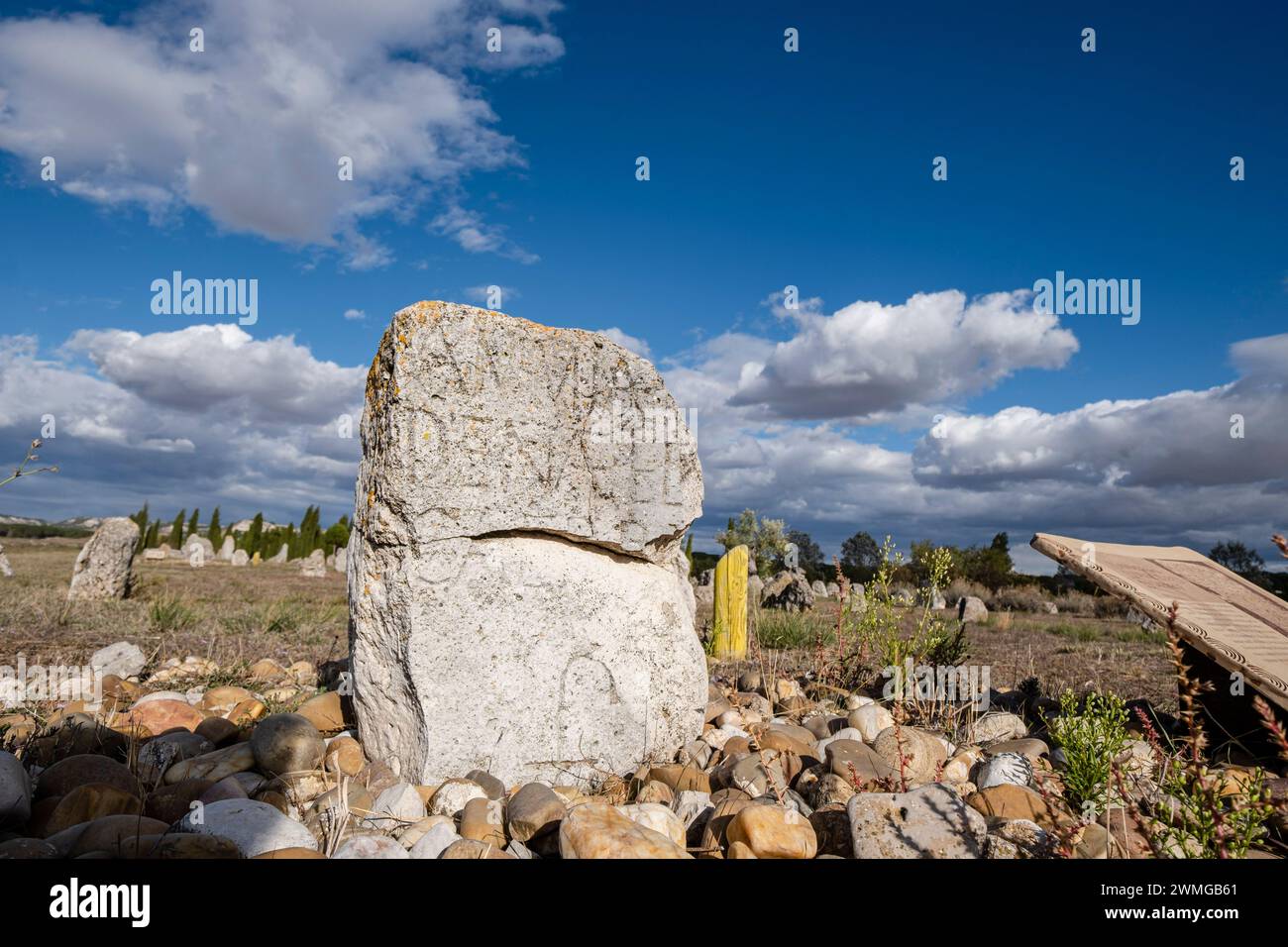 Vacceos-Grabstele, Nekropole von „Las Ruedas“, antike Vaccea-Stadt Pintia, Padilla de Duero, Provinz Valladolid, Spanien Stockfoto