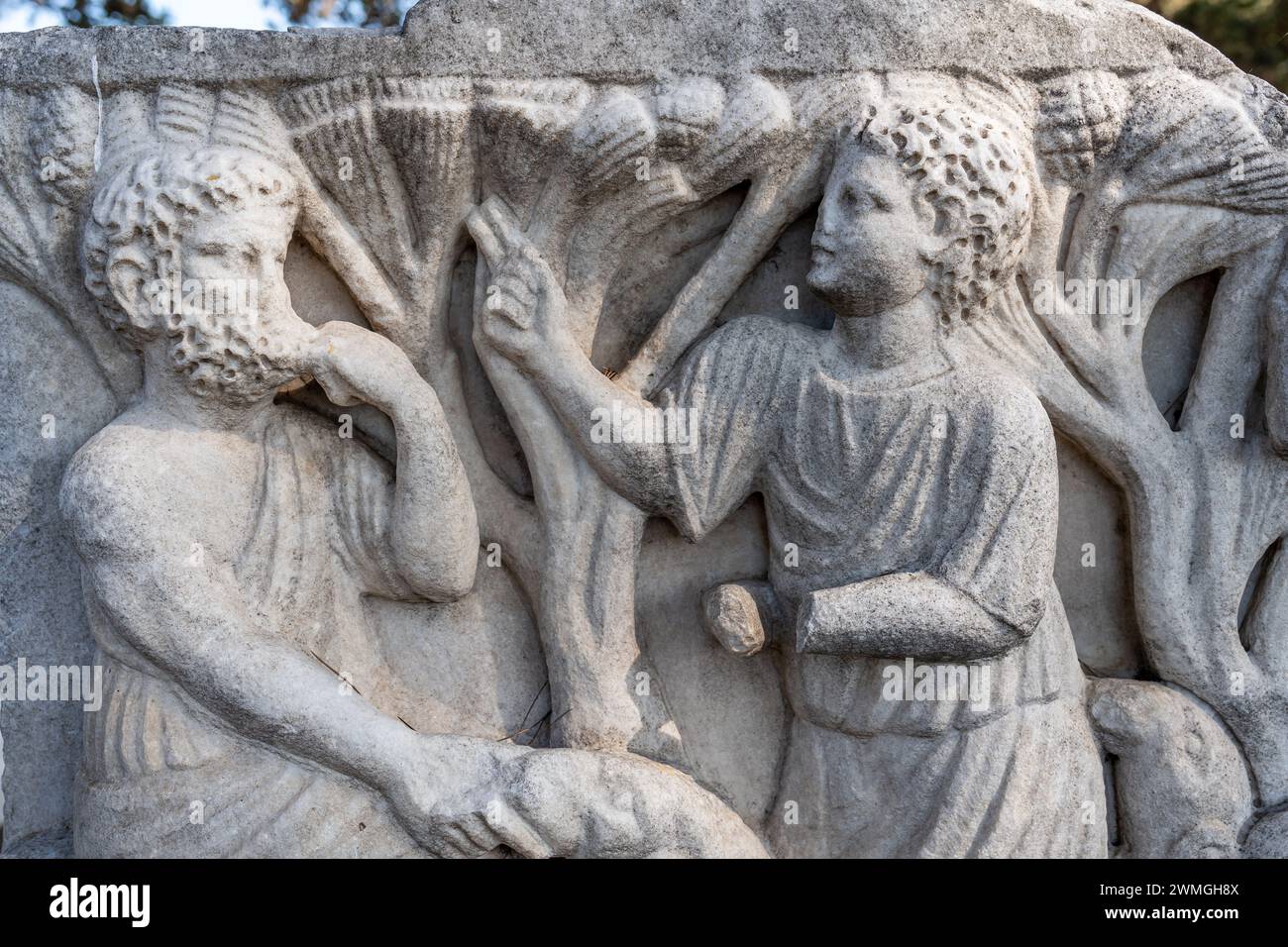 Nahaufnahme einer Skulptur, die in einem antiken römischen Marmor-Sarkophag eingraviert ist Stockfoto