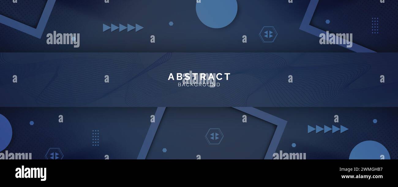 Futuristischer dunkelblauer abstrakter Spielhintergrund mit goldenen Linien und Schatten, geometrische Formen überlappen Schichten, grafisches Muster Banner Vorlage Design Stock Vektor