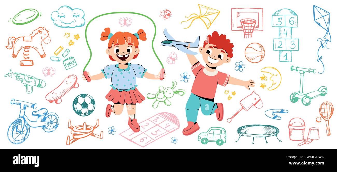 Lustige Zeichentrickkinder spielen auf dem Spielplatz. Glückliches Mädchen und Junge im Kindergarten mit Spielzeug. Line-Art-Symbol aus Fahrrad, Schlittschuh, Ball, Roller, Hopscotch und handgezeichneten Sportelementen. Kritzelei Stock Vektor