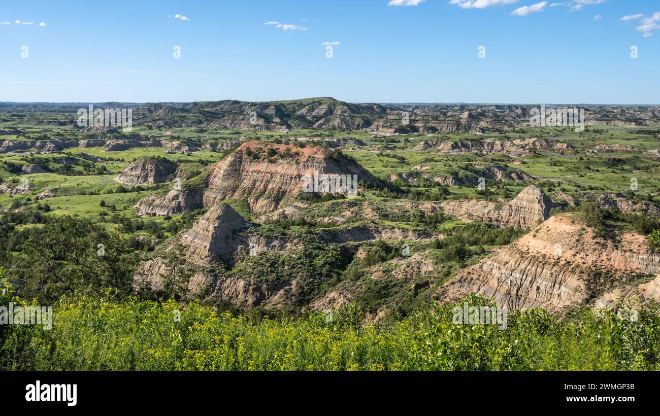 Gestreifte Hügel am Painted Canyon Nature Trail, Painted Canyon Overlook, Little Missouri Badlands, Theodore Roosevelt National Park, North Dakota Stockfoto