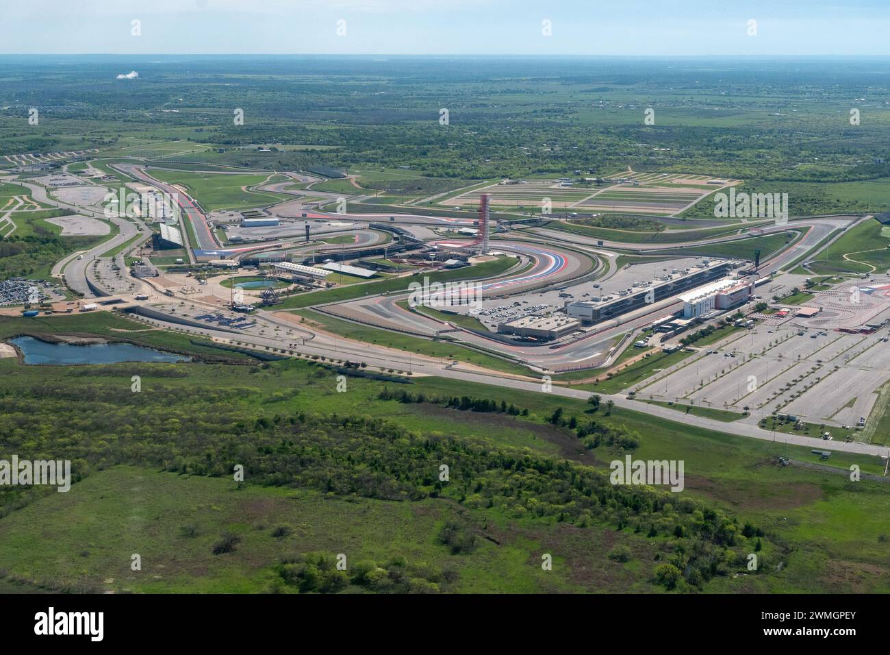 Austin, Texas, USA – Luftaufnahme der Formel-1-Rennstrecke Circuit of the Americas in Travis County Texas. Stockfoto
