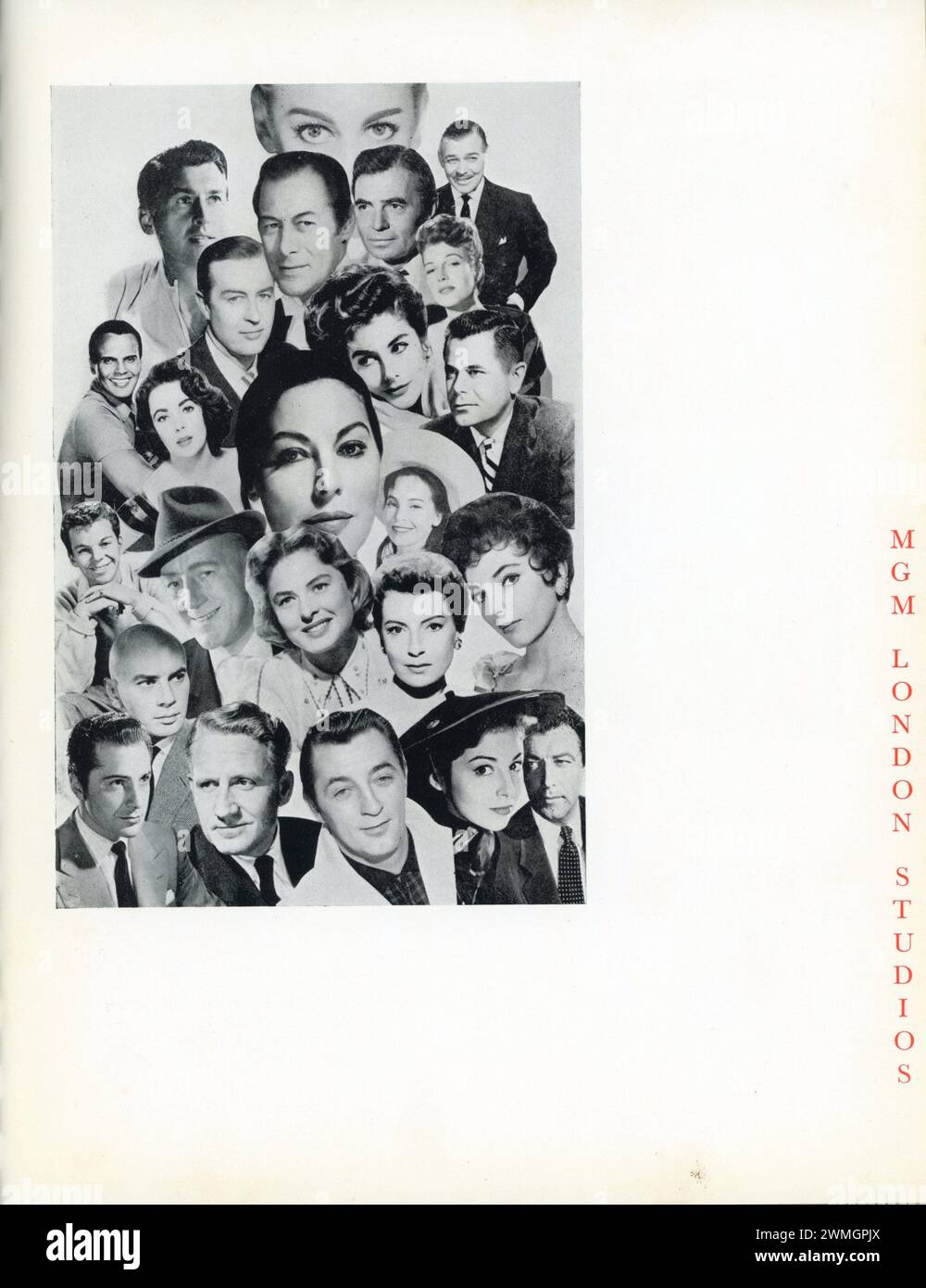 MONTAGE VON FILMSTARS EINSCHLIESSLICH STEWART GRANGER CLARK GIEBELTURM HARRY BELAFONTE ELIZABETH TAYLOR KAY KENDALL GLENN FORD AVA GARDNER LESLIE CARON DEBORAH KERR ROBERT MITCHUM SPENCER TRACY REX HARRISON YUL BRYNNER ALRC GUINNESS UND ROBERT TAYLOR VON METRO GOLDWYN MAYER LONDON / BRITISH STUDIOS, ELSTREE WAY, BOREHAM WOOD, Herts Studio Brochure produziert in letzter Zeit 1959 Stockfoto