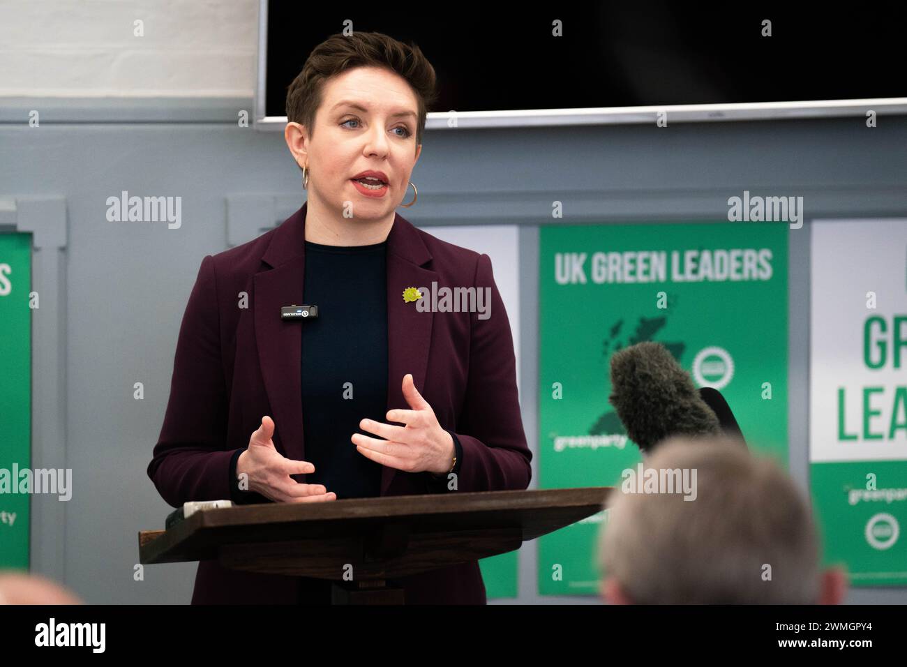 Die Ko-Vorsitzende der Grünen Partei von England und Wales, Carla Denyer, spricht während einer Pressekonferenz im Zentrum Londons vor den Medien. Bilddatum: Montag, 26. Februar 2024. Stockfoto