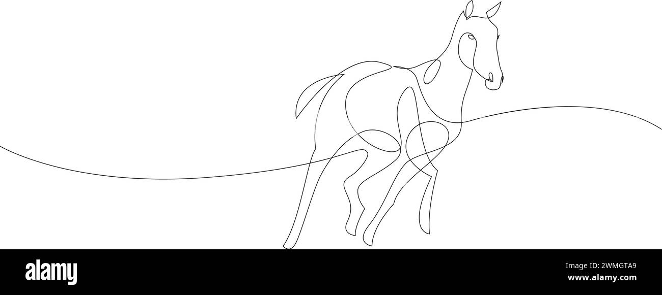 Laufendes Pferd, eine Linie zeichnen. Schwarz-weiß-Vektorillustration. Tierbanner, Poster oder Flyer in durchgehender Linie Stock Vektor