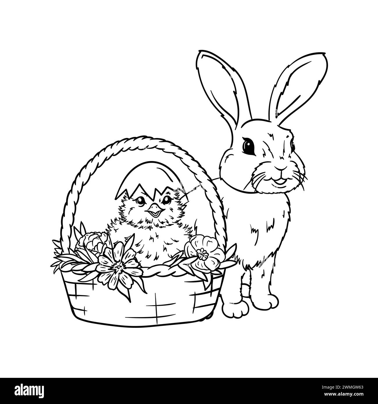 Ausmalbild eines Hühnchens mit Muschelhut in einem Korb, Blumen und einem Hasen. Schwarz-weiß-Illustration für Osterkarte Stock Vektor