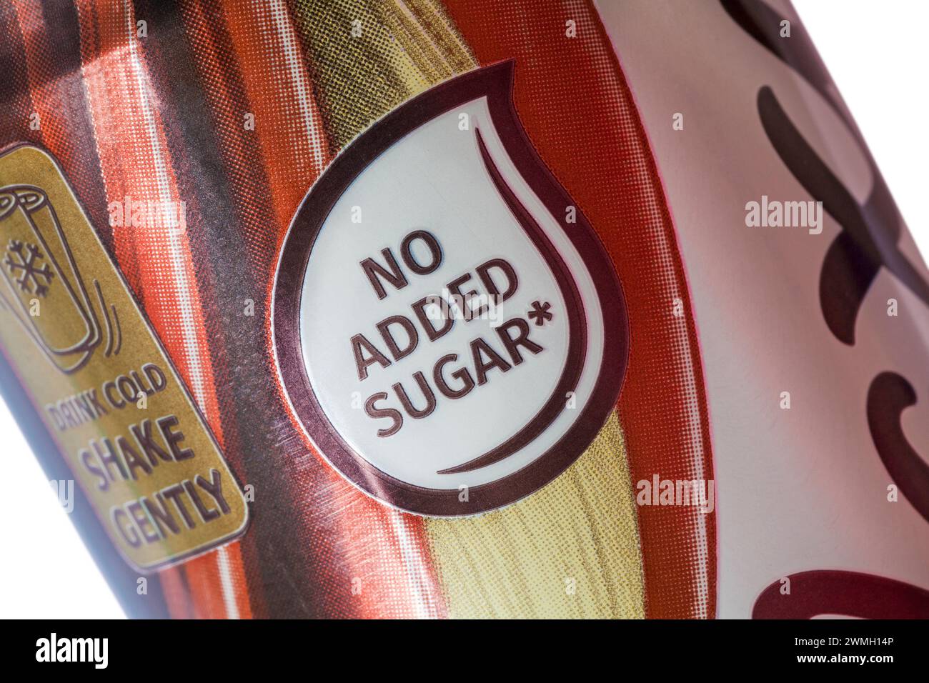 Kein Zuckerzusatz - Detail auf der Dose Galaxy Milk Drink - Milchgetränk mit Schokoladen- und Malzgeschmack mit Süßungsmitteln Stockfoto