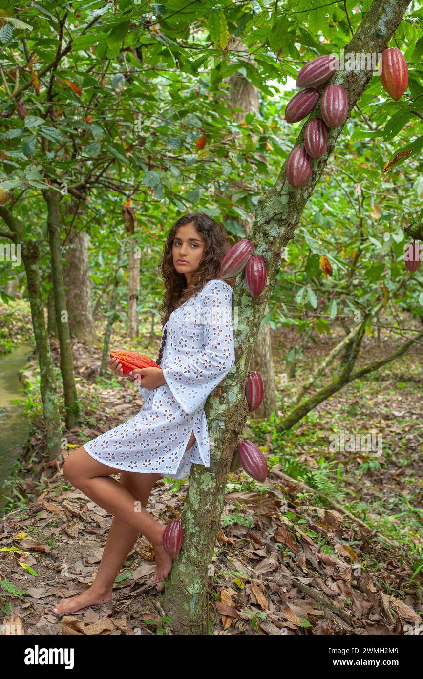 Das junge Mädchen hält Kakaofrüchte auf einer Plantage im Henri Pittier Nationalpark, Venezuela. Stockfoto