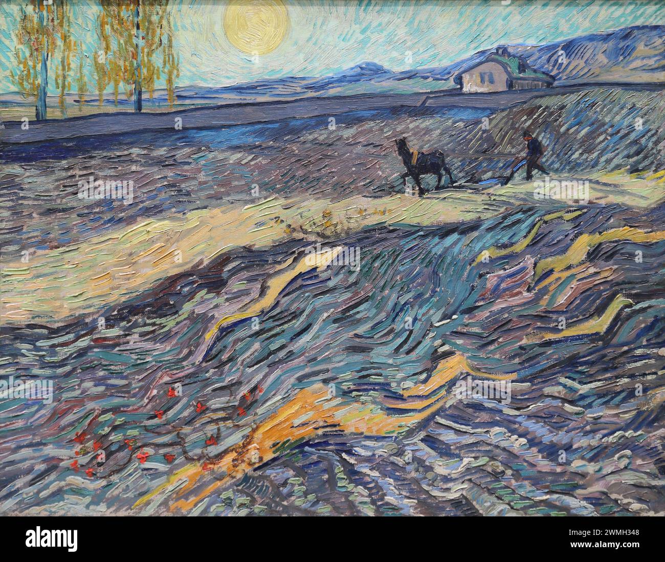 Landschaft mit Pflugzeug des niederländischen postimpressionistischen Malers Vincent van Gogh in der National Gallery, London, Großbritannien Stockfoto