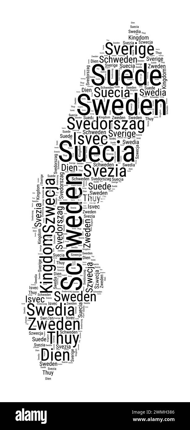 Schwarz-weiß-Wortwolke in schwedischer Form. Einfache typografische Darstellung des Landes. Schlichte schwedische schwarze Textwolke auf weißem Hintergrund. Stock Vektor