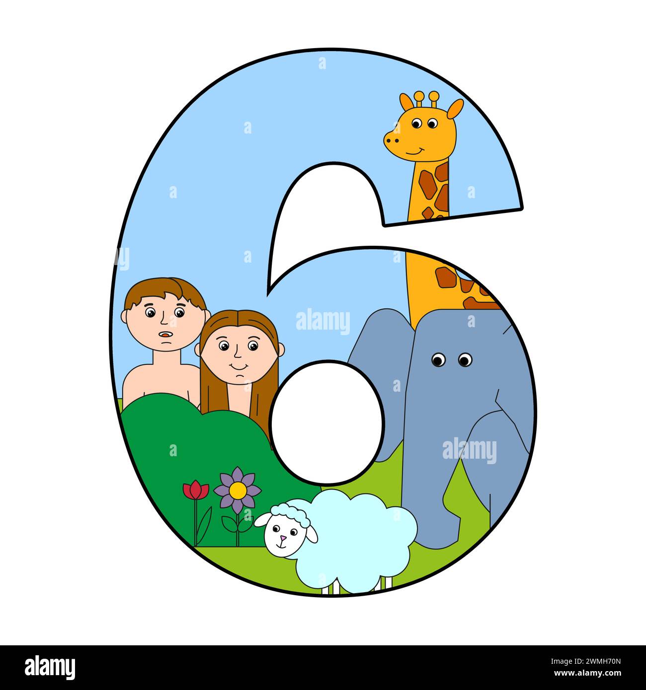 Nummer sechs zeigt den sechsten Tag der Schöpfung mit Tieren und Menschen, wie in Genesis beschrieben. Vektorabbildung. EPS 10. Stock Vektor