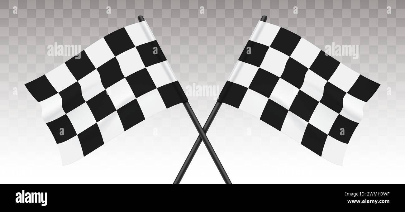Zwei karierte Fahnen kreuzen auf einem transparenten Hintergrund, symbolisieren den Beginn oder das Ende einer Motorrennveranstaltung, Vektorillustration. Stock Vektor