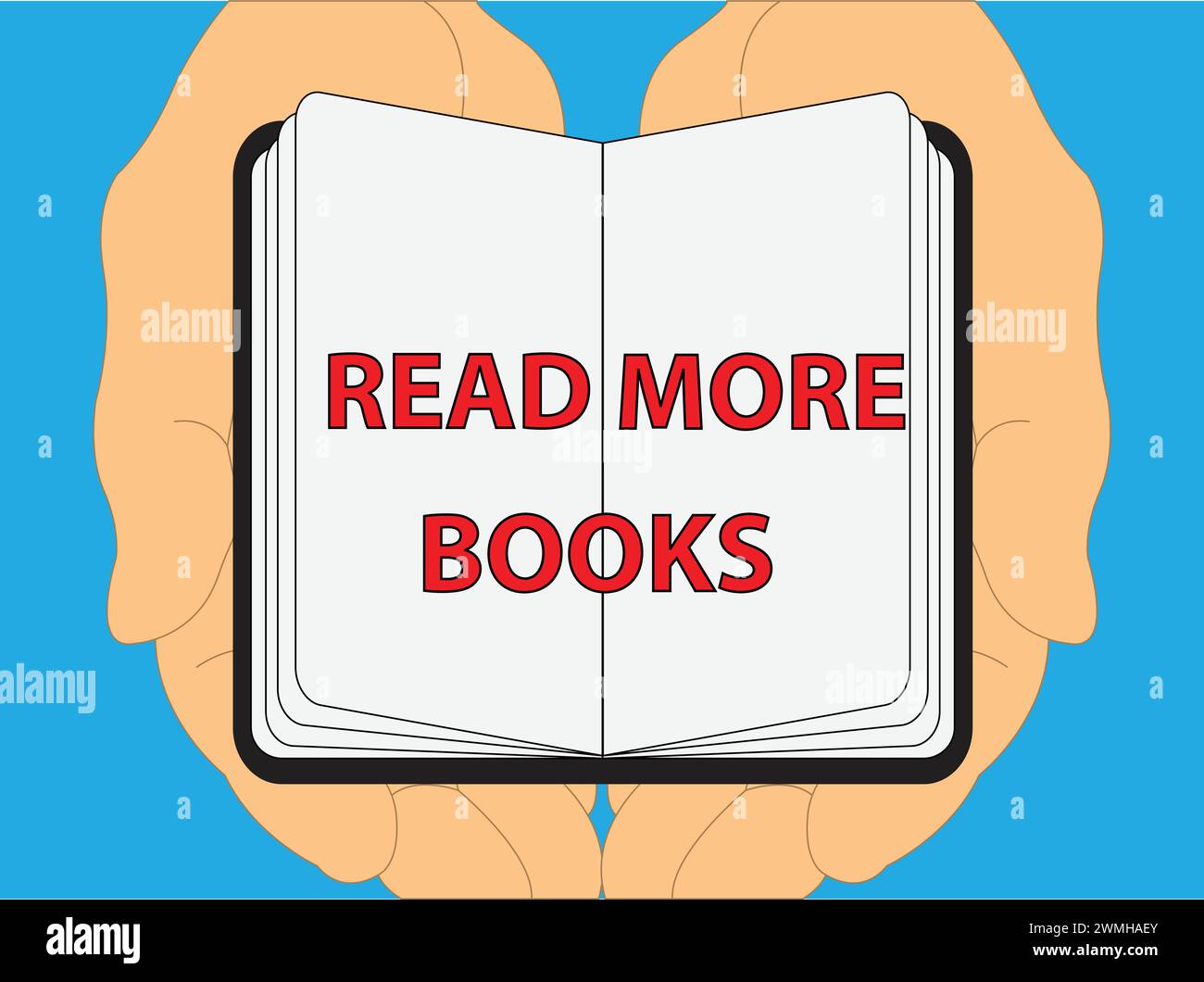 Hände, die ein offenes Buch mit dem Text halten, lesen mehr Bücher Stock Vektor