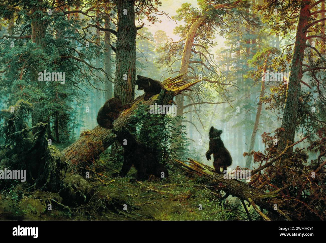 Morning in a Pine Forest Gemälde von Ivan Shishkin und Konstantin Savitsky der Morgen im Kiefernwald ist ein Gemälde der russischen Künstler Ivan Shishkin und Konstantin Savitsky. Wikipedia Künstler: Ivan Shishkin, Konstantin Savitsky Ort: Die Staatliche Tretjakow-Galerie Periode: Realismus Geschaffen: 1889 Stockfoto