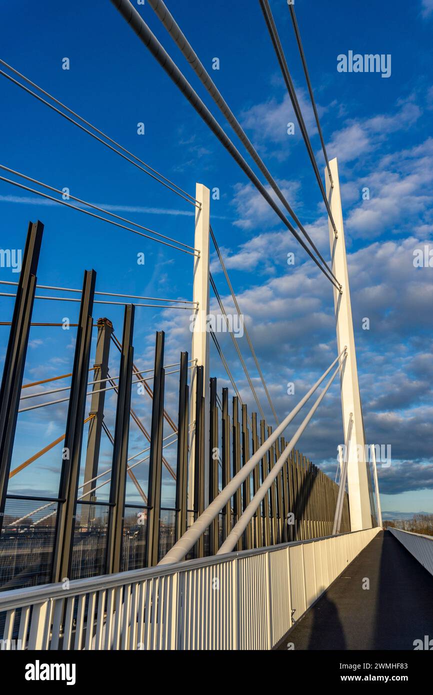 Pfeiler und Haltekabel der neuen Autobahnbrücke der A40, über den Rhein bei Duisburg, Fußgänger- und Radweg, Neuenkamp-Brücke, die alte Brücke Stockfoto