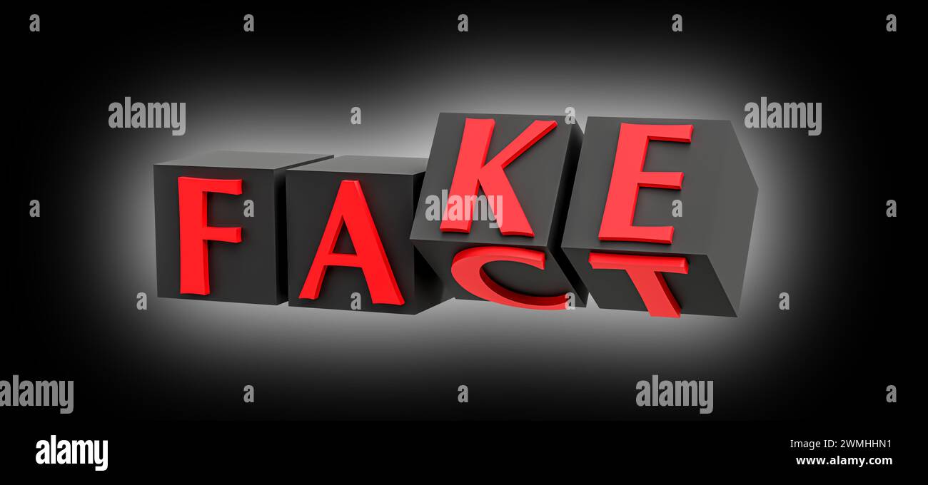 Würfel mit Buchstaben werden umgedreht, und die Wörter ändern sich von FAKT zu FAKE Stockfoto