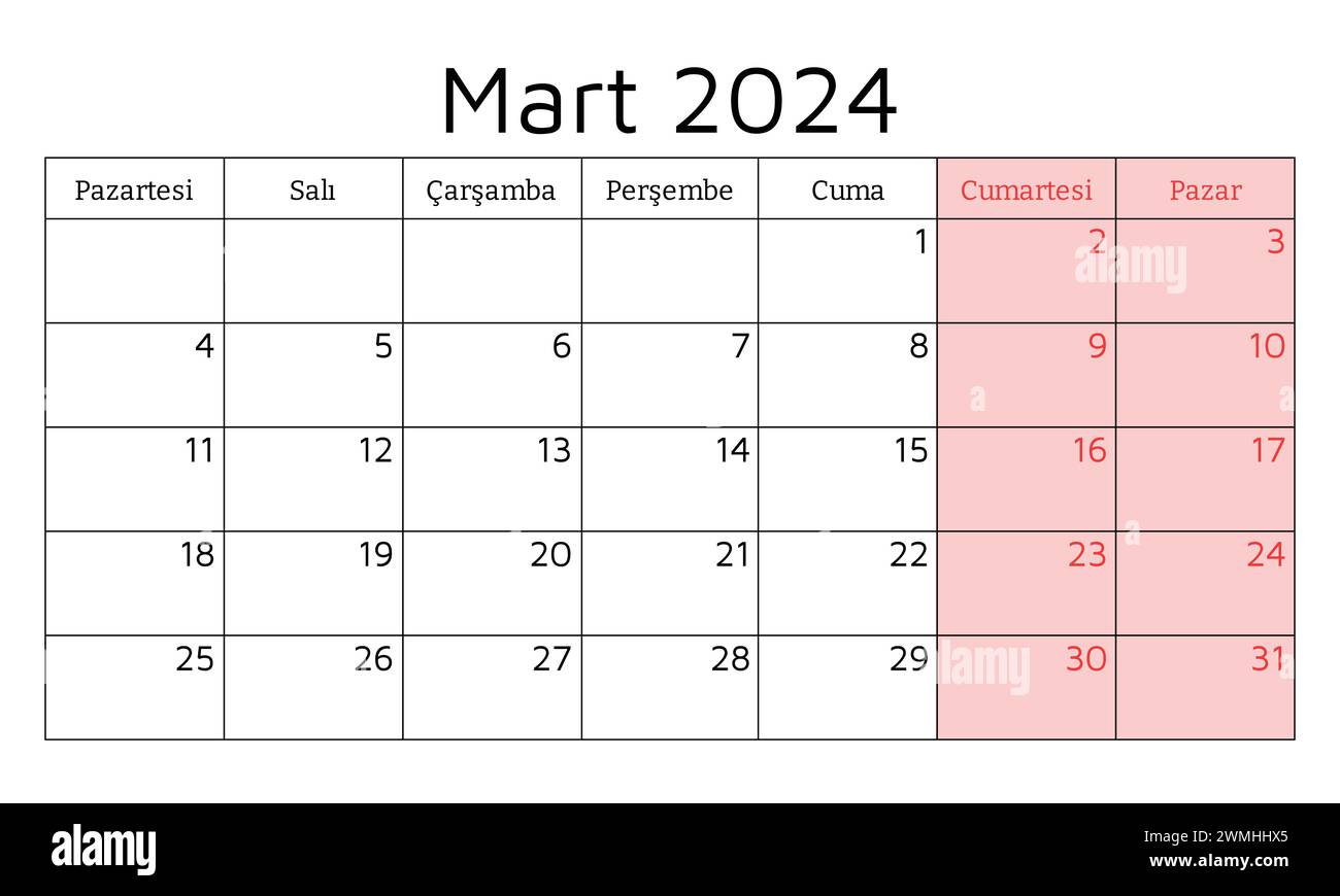 TÜRKISCHER Kalender für März 2024. Vektorabbildung. Monatliche Planung für Ihr Unternehmen in der Türkei Stock Vektor