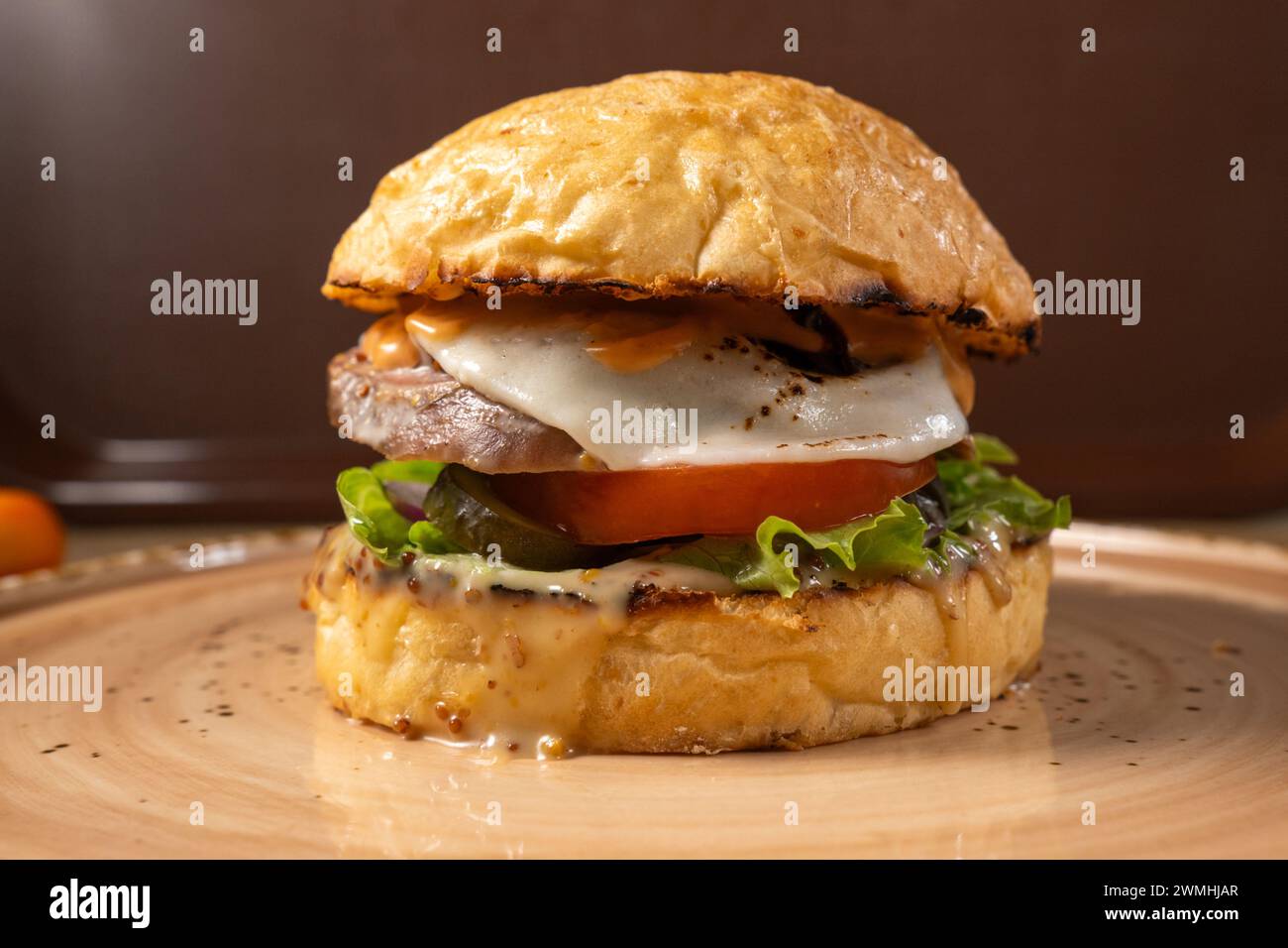 Kulinarische Köstlichkeiten, Eine Symphonie herzhafter Aromen in einem perfekten Burger-Meisterwerk Stockfoto